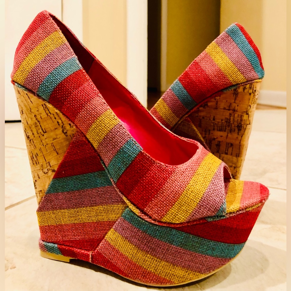 🌺Platform, rainbow, cork wedges
